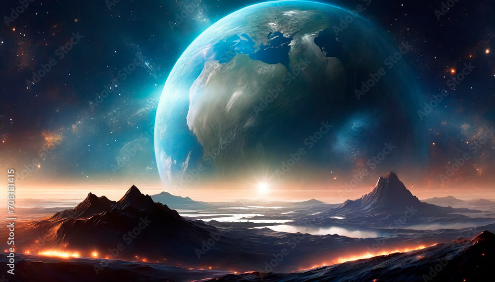 Lunar landscape with the earth in the distance in a magical sunset. Artistic Image. Concept of life beyond our planet.