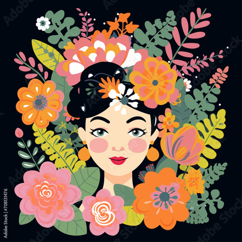 vector pretty girl with flower illustration sticker label