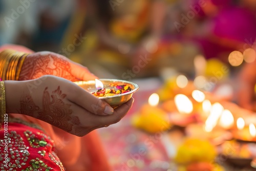 A woman s hand adorned with henna holds a traditional diya with flowers  against a backdrop of lit oil lamps.