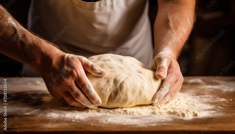 Bakers hands kneading dough for artisan bread