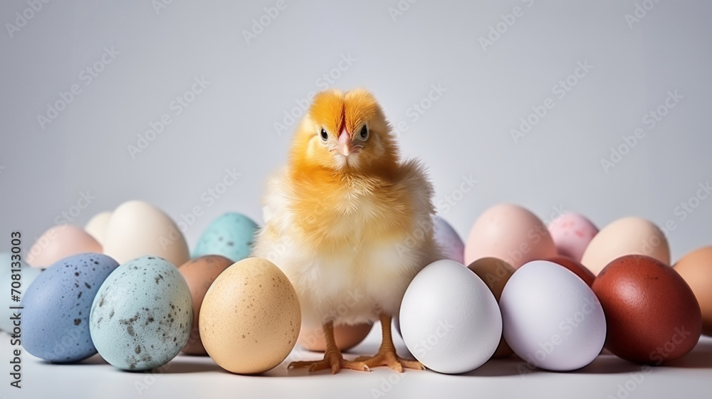 Fluffy Chick with Multicolored Easter Eggs. A cute yellow baby chick stands in front of a lineup of pastel colored Easter eggs Fluffy Chick with Multicolored Easter Eggs. A cute yellow baby chick stands in front of a lineup of pastel colored Easter eggs