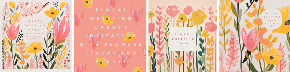 Floral greeting card. Vector illustrations of spring cute watercolor flowers, plants, leaves for invitation, pattern or background. Drawings hand-drawn with gouache paints - obrazy, fototapety, plakaty 