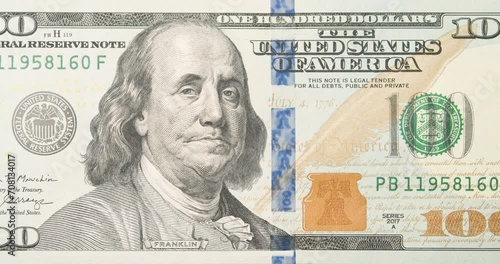Sad, upset dollar animation of the USA money. Dollar financial crisis, economic depression, poverty concept. Benjamin Franklin on hundred dollar bill usd. Dollar, money problem photo