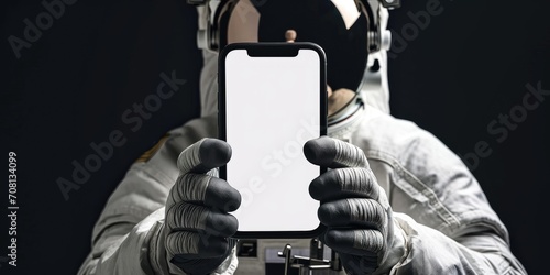 White screen smartphone holding with hand of astronaut