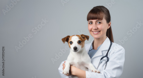 a young veterinarian caucasian  woman in a white coat holds a  dag puppy jack russel in hands on a white background with space for text. Concept: veterinary clinics, love for animals, poster, banner, 