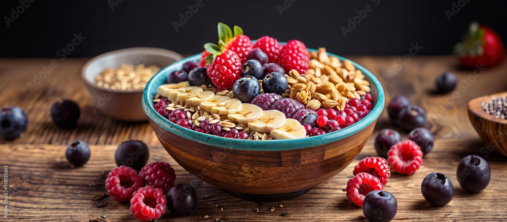 Healthy breakfast acai bowl with fresh fruits and oatmeal, on wooden table in rustic kitchen. Healthy tasty diet recipe, lifestyle. Panoramic background banner. Generative AI. Healthy breakfast acai bowl with fresh fruits and oatmeal, on wooden table in rustic kitchen. Healthy tasty diet recipe, lifestyle. Panoramic background banner. Generative AI.