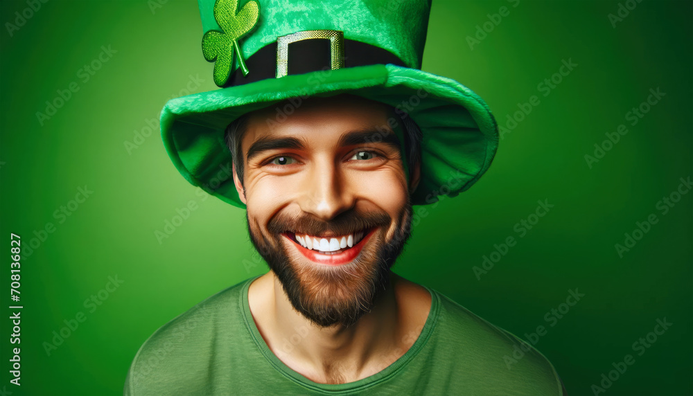 Cheerful man with a bright smile wearing a green St. Patricks Day hat on a green background Cheerful man with a bright smile wearing a green St. Patricks Day hat on a green background