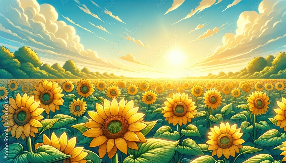 Obraz premium Sunrise Over Sunflower Field, Summer Landscape