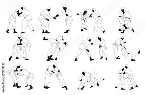 Collection of judoka silhouettes, isolated vector