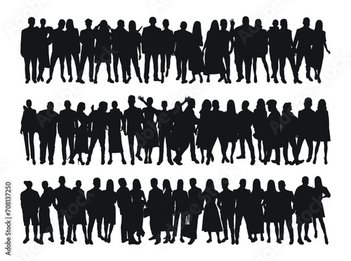 Set black silhouette of young couples of guys and girls, crowd, group, team, band, isolated vector