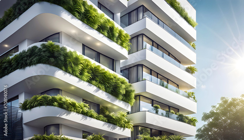 Modern residential building with green plant walls. Concept of green urban environment, sustainable lifestyle and ecology,