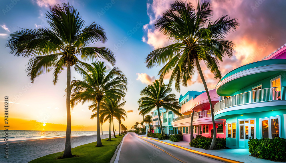 Miami South Beach Ocean Drive, palm trees and colorful view of Florida beach,