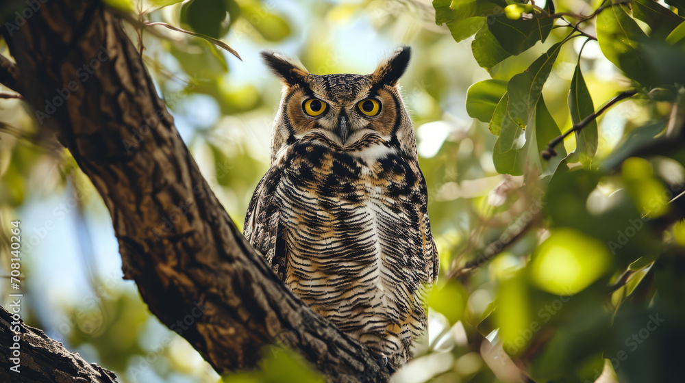 Obraz premium Owl perched calmly on a tree branch.