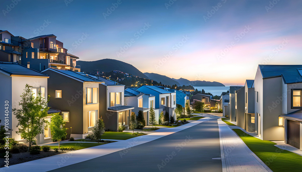 Evening street with high-tech houses with swimming pools and scenic lighting, concept of living in a high-tech house Evening street with high-tech houses with swimming pools and scenic lighting, concept of living in a high-tech house