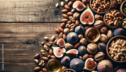 Assorted Nuts and Figs on Rustic Wooden Table, Healthy Snack Concept