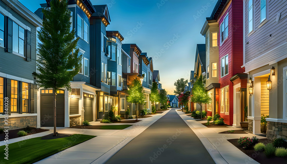 Obraz premium Evening street with high-tech houses with swimming pools and scenic lighting, concept of living in a high-tech house