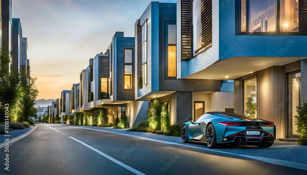Obraz premium Evening street with high-tech houses with swimming pools and scenic lighting, concept of living in a high-tech house