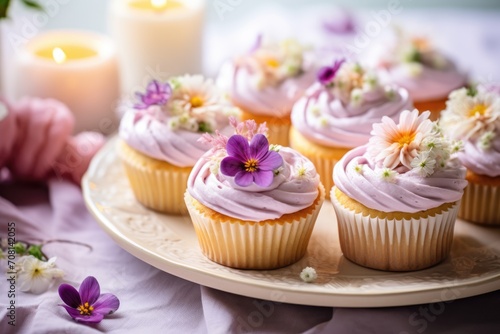 Vibrant cupcakes with lavender-colored frosting, topped with edible pansy flowers, set against a soft grey background.