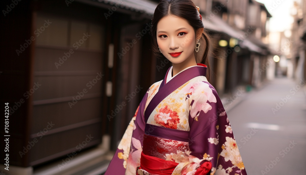 Young woman in traditional Japanese clothing, smiling confidently generated by AI