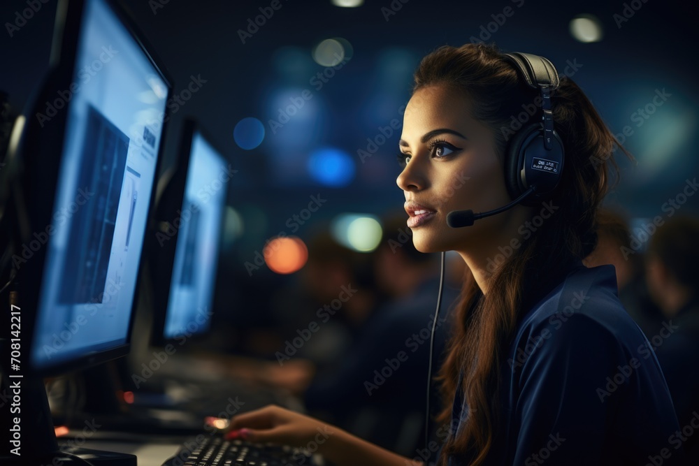 Call-center operator in action: providing exceptional customer service, wearing a headset, and managing inquiries with efficiency and professionalism. Call-center operator in action: providing exceptional customer service, wearing a headset, and managing inquiries with efficiency and professionalism.