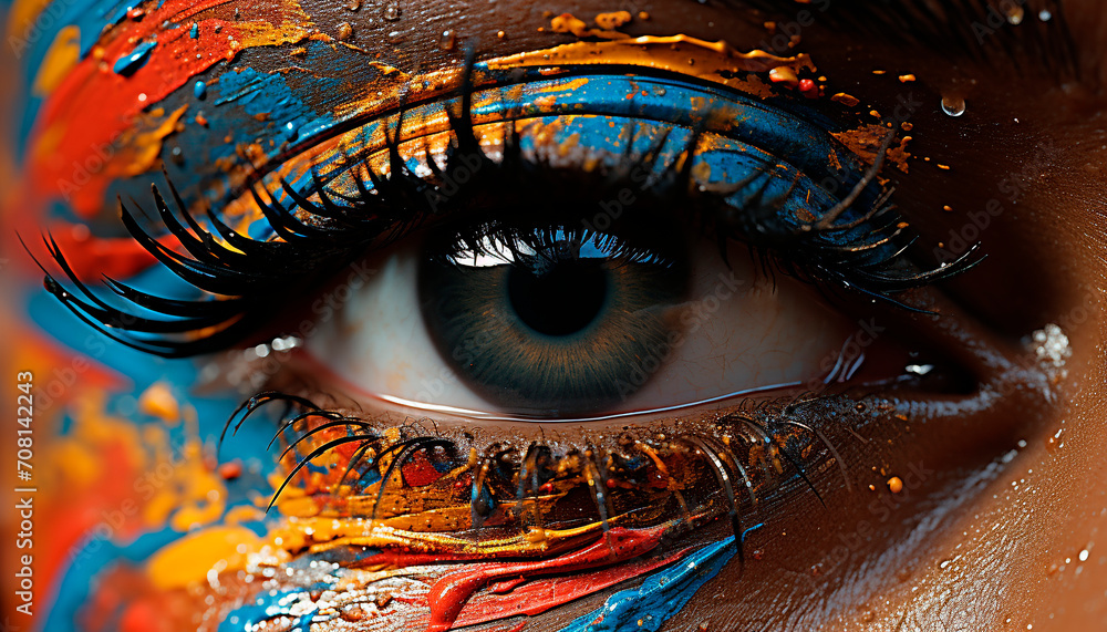 Blue iris, vibrant colors, abstract design, young woman captivating gaze generated by AI