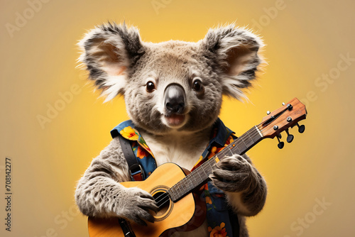 koala playing guitar on yellow background