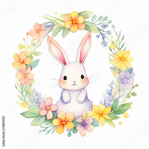Aquarell eines Osterhasen umgeben von bunten Frühlingsblumen Kranz Illustration