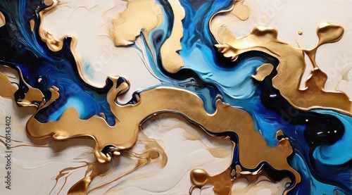 Abstract gold and blue liquid paints art. Contemporary surrealist painting. Modern poster for wall decoration