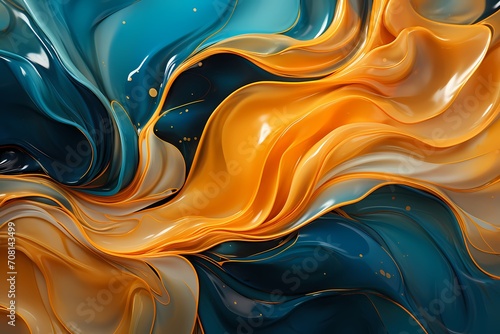 Liquid gold and cerulean waves colliding, forming an exquisite Abstract Wallpaper Background with a touch of opulence