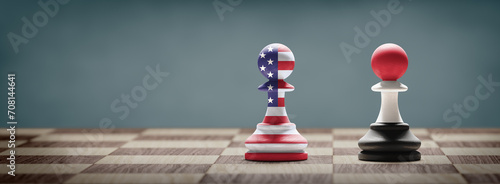 US and Yemen conflict. Country flags on chess pawns on a chess board. 3D illustration. photo