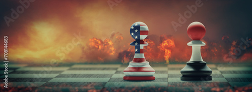 US and Yemen conflict. Country flags on chess pawns on a chess board. 3D illustration.