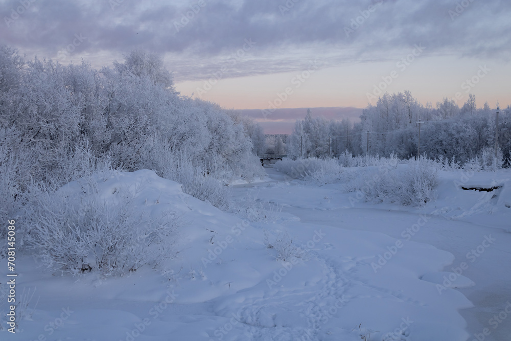 Winter Park. Frozen river, snow-covered trees, power lines and poles. Sunset, polar night. City in the Far North of Russia.