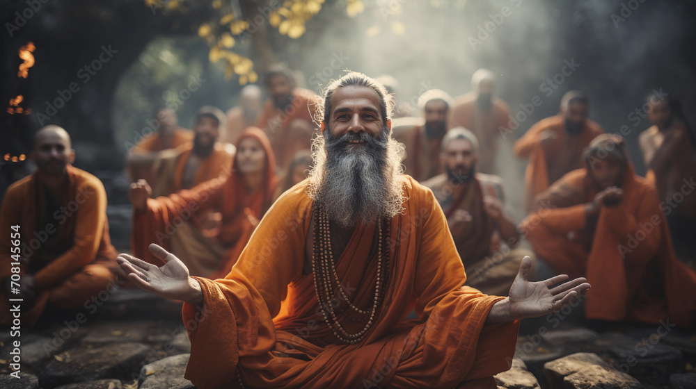 Indian guru smiles with his disciples behind him