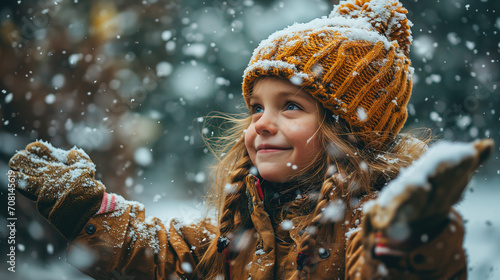 Generative AI illustration smiling girl with snow-covered gloves and hat reaching out to catch snowflakes photo