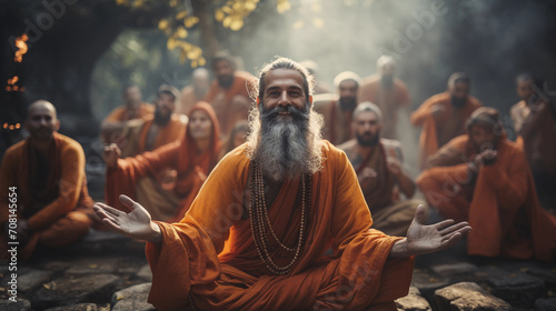 Indian guru smiles with his disciples behind him photo