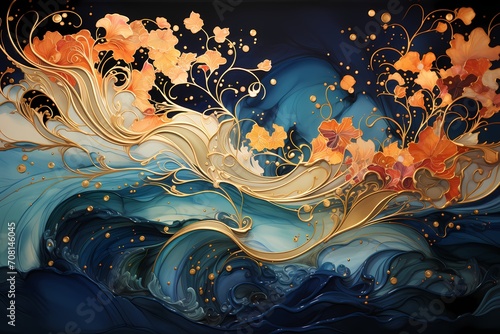Liquid gold and indigo waves intertwining in a magical cascade of colorsr