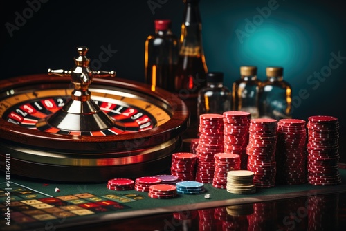Casino roulette wheel with chips poker, playing cards and red dice. Natural colors, minimalist, bright background, photography, real photo look, clean sharp focus, black background