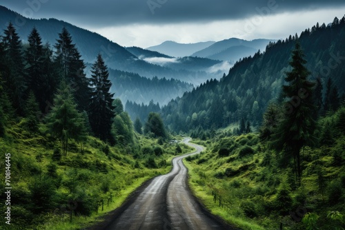 The road among mountains. A track with serpentines in the middle of tall trees. Rainy weather with fog over the mountains. Green crowns of trees and summer grass.
