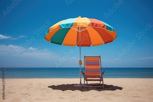 Beach umbrella with sunbed. A colorful beach chair under a large striped umbrella on beach. Summer vacation at sea. White sand and sea.