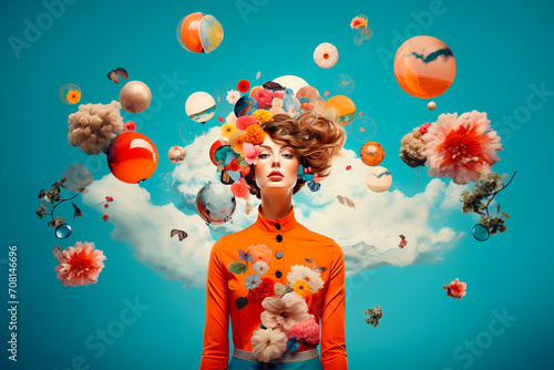 Surreal Woman with Whimsical Thoughts Floating Around Generative AI image