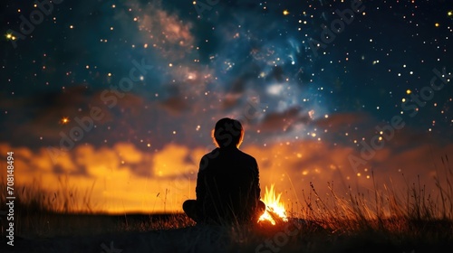 silhouette of a person facing away, surrounded by the warm glow of a campfire under a starry night sky generative ai © ThisDesign