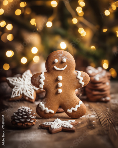 Close up image of a gingerbread man on a wooden table