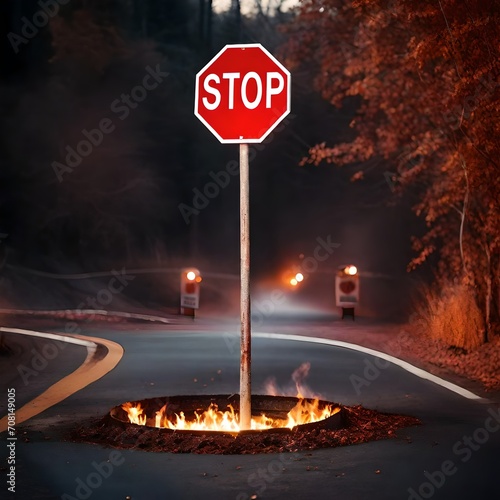 stop sign surrounded by heat, flames and fire photo