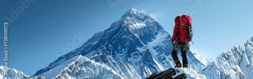 In the heart of the Himalayas, beneath the shadow of Everest's towering peak, a lone climber gazed upward. photo