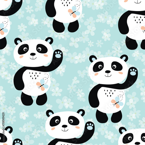 Fototapeta Naklejka Na Ścianę i Meble -  Seamless pattern with cute panda baby on color floral background. Funny asian animals. Card, postcards for kids. Flat vector illustration for fabric, textile, wallpaper, gift wrapping paper