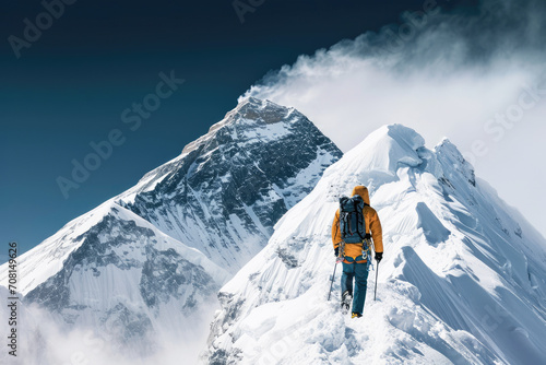  In the heart of the Himalayas, beneath the shadow of Everest's towering peak, one climber gazed upward.