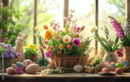 Beautifully arranged Easter table adorned with vibrant spring flowers, pastel-colored eggs, and delicate decorations