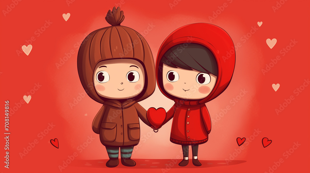 Valentine's Day. Cute cartoon boy and girl with heart on a red background.