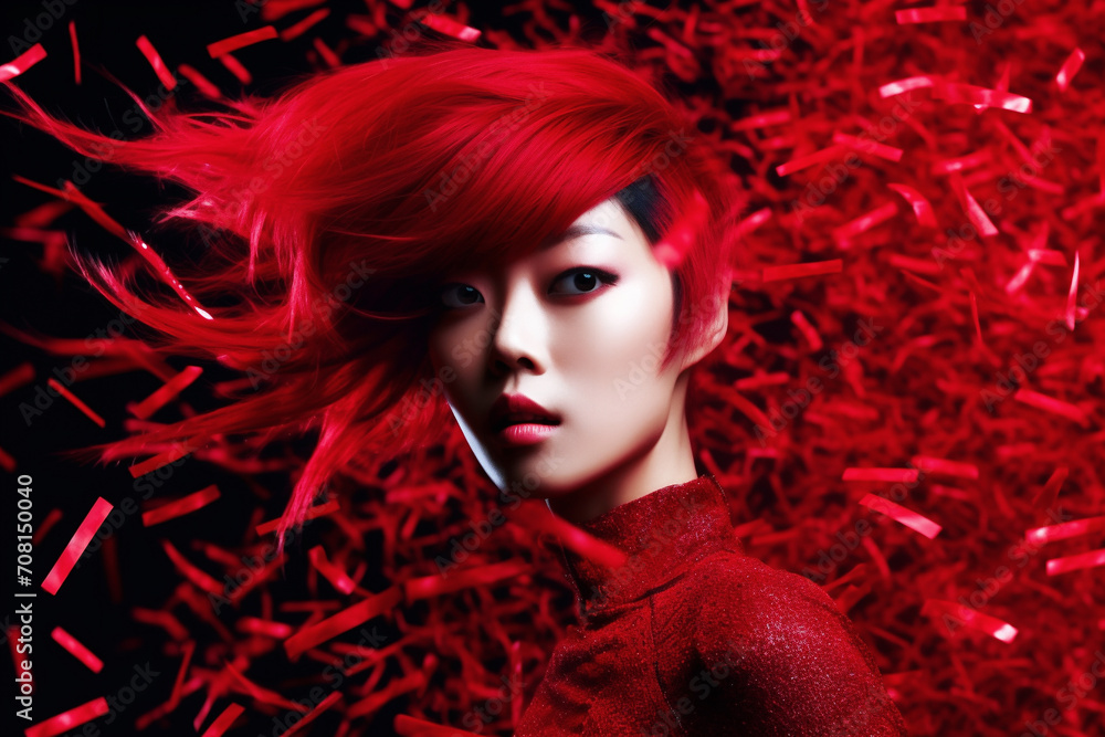 Poster of young asian girl artist or model in vivid red and black colors. Poster of young asian girl artist or model in vivid red and black colors.