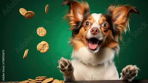 Funny dog with cookies. Funny dog on green background. Power concept. Funny dog with falling cookies on green background. A dog with an open mouth and big eyes catches dry pet food on green backgroud.